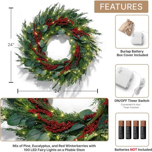 LampLust Winter Wreaths for Front Door Outside, 24 Inch Cypress & Eucalyptus Wreath with Red Berries 100 LED Lights, Timer, Battery Powered, Farmhouse Wreath Year Round, Winter Wreaths for Indoors