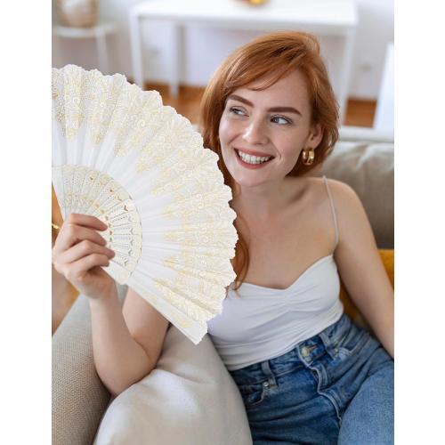 EOSAU Handheld Chinese Folding Fan Hand Fans for Women Foldable Bulk for Party Wedding Church Dancing (White)