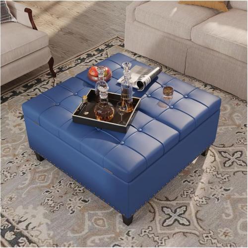 Ottoman Stool Square Ottoman Storage Bench Faux Leather Lift Top Upholstered Footrest Stool for Living Room(Blue)