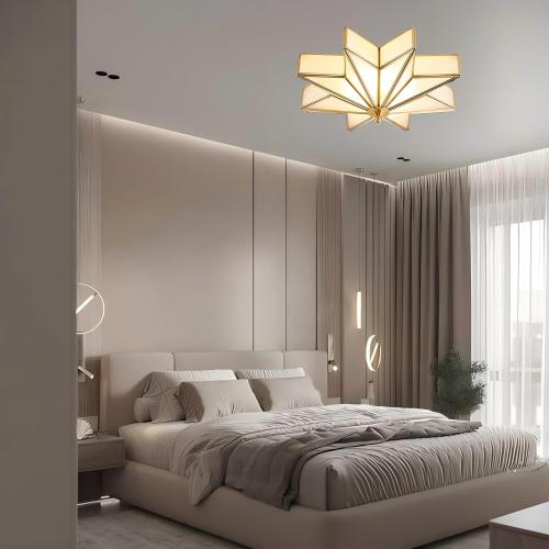 LIGHTLAND 19.7 Inch Flush Mount Star Ceiling Light, 4 Lights Brass Ceiling Lamp with Glass Lampshade, Art Deco Close to Ceiling Light Fixtures for Bedroom Living Room Entryway Hallway, Gold