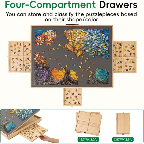 Size 34.2 x 26.3  TEAKMAMA Puzzle Table 27.6 Tall 1500 Piece Puzzle Board with Drawers, 34.2 x 26.3 Adjustable 5-Tilting-Angle Jigsaw Table with Legs, Jigsaw Board for Adults, Nature