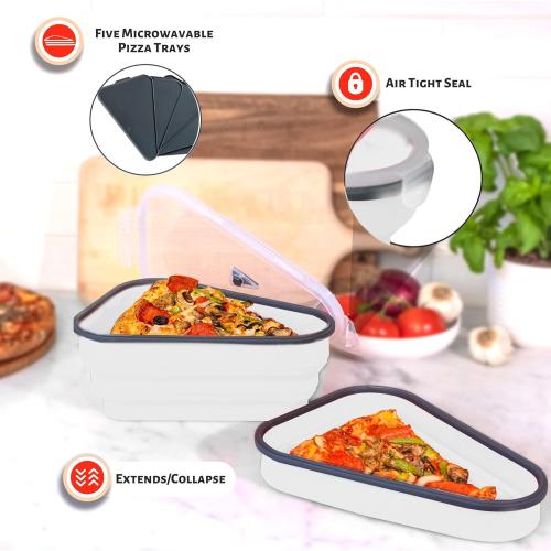 The Perfect Pizza Pack™ - Reusable Pizza Storage Container with 5 Microwavable Serving Trays - BPA-Free Adjustable Pizza Slice Container to Organize & Save Space, White
