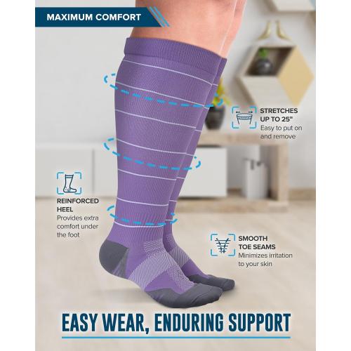 Doctor's Select 3 Pairs Plus Size Compression Socks Wide Calf - Up to 6XL | 20-30 mmHg Compression Socks for Women Wide Calf | Blue, Pink, Purple (Stripes)
