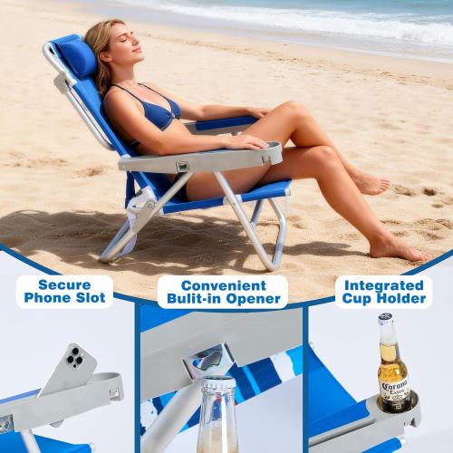SUNNYFEEL Extra Wide 28 Low Beach Chair 5 Position Lay Flat, XL Oversized Portable Folding Camping Chairs with Cup Holder for Outdoor/Trip, Lightweight Foldable Backpack Beach Chair for Adults