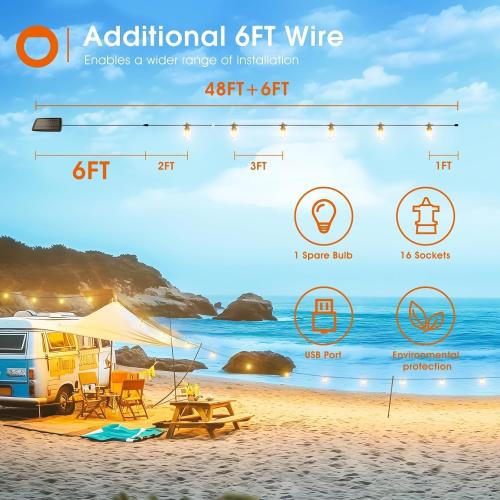addlon 54FT(48 6) Solar String Lights Outdoor Waterproof with USB Charging & Remote Control - Dimmable Solar Power Patio Lights with LED Bulbs for Porch, Garden, Yard, Market, Bistro - Last for 20 Hrs