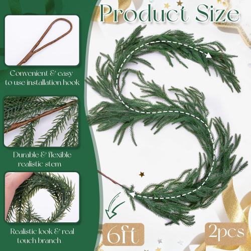 2Pcs 6 FT Artificial Christmas Norfolk Pine Garlands, Real Touch Christmas Garland, Greenery Garland for Mantle, Table, Fireplace, Wall, Stairs Winter Holiday Indoor Outdoor Xmas Decor