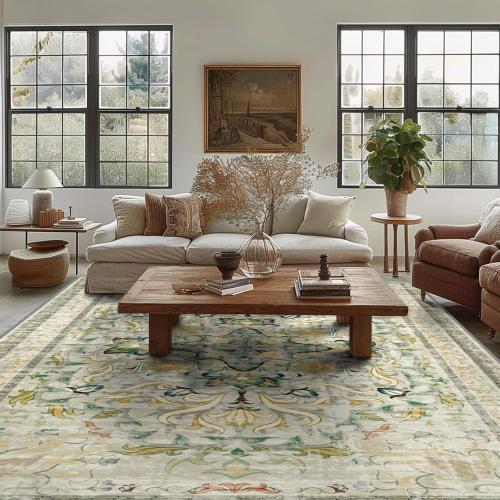 NORTHERN BROTHERS 9x12 Area Rug for Living Room - Boho Rug for Bedroom Dining Room Machine Washable Vintage Carpet Stain Resistant, Beige