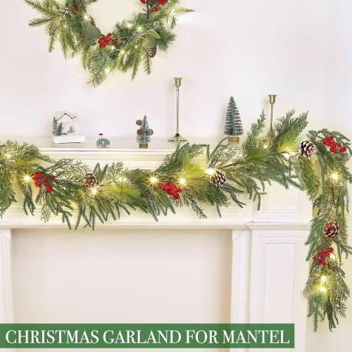 Prelit & Timer - 6FT Christmas Garland with Lights, Real Touch Norfolk Pine Garland Green Cedar Garlands Pine Needle Cypress Leaves Pinecone Red Berries Lighted Garland for Fireplace Table Xmas Decor