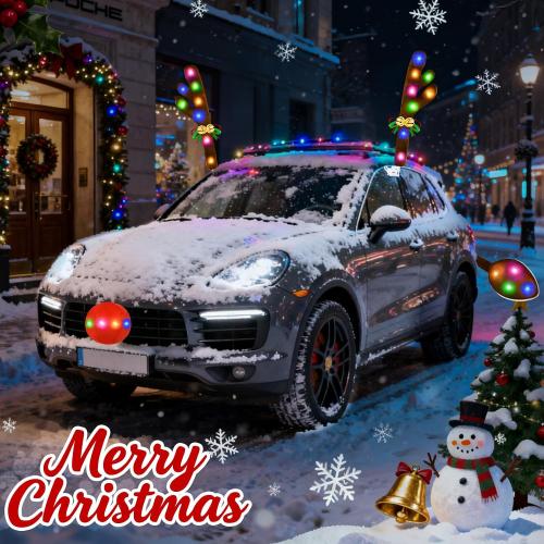 Christmas Car Decorations Reindeer Car Kit Antlers with Lights, Jingle Bells Rudolph Reindeer and Nose, Tail Cute Costume Auto Accessories for Trunk Vehicles SUV Antenna Toppers Multicolor