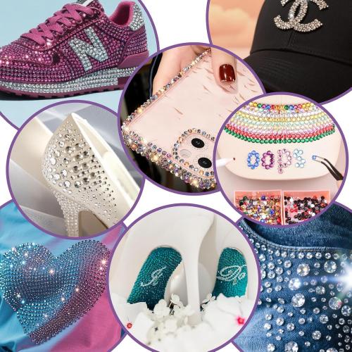Hotfix Rhinestones Applicator Kit with 4500 Crystals (White, AB, Multi-Color) Includes 19 Pattern Templates, Tweezers, Brush & Storage Bag for Clothes, Fabric, Jeans (Pink)
