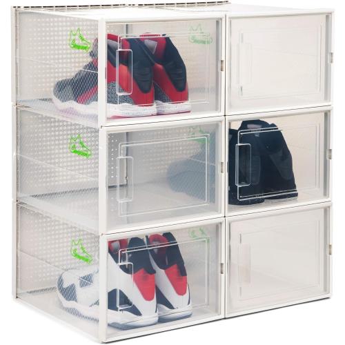 WHITE XL 6 pack - 14.6 Inches Long for BIG Shoes & Sneakers, Shoe Storage Organizer, Shoe Storage Boxes, Shoe Box Clear Plastic Stackable, Shoe Containers, Shoe Organizer for Closet