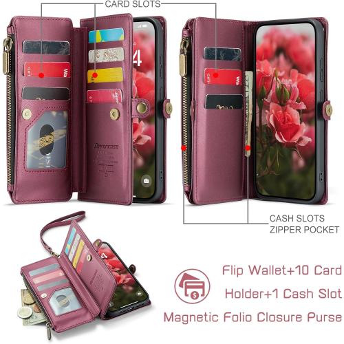 Defencase Compatible with Moto G Stylus 5G 2024 Case, RFID Blocking Wallet Case Compatible for Motorola Moto G Stylus 5G 2024 PU Leather Flip Strap Zipper Card Holder Phone Case for Women, Wine Red