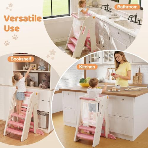 Onasti Folding Toddler Kitchen Tower, Kids Kitchen Step Stool for Learning with Movable Safety Rail, Non-Slip Surface, Easy Assembly for Parents & Grandparents-Pink