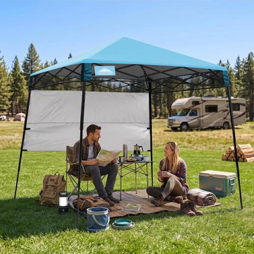 EAGLE PEAK 8x8 Pop Up Canopy Tent with Sidewall, Compact, Portable Slant Leg Instant Sun Shelter for Beach, Sports, & Camping, 8x8 Base 6x6 Top, Light Blue