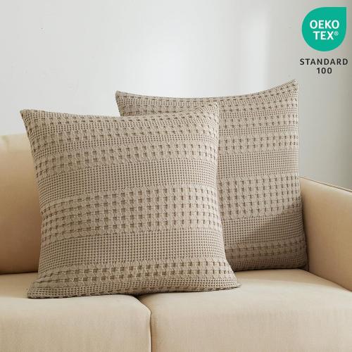 Set of 2 Size 26x26 Color Brown PHF 100% Cotton Waffle Weave Euro Sham Covers, 2 Pack 26 x 26 Bed Pillow Covers for Elegant Home Decor, No Filling, Luxury Aesthetic Soft Euro Pillow Cases for Bed, Simply Taupe