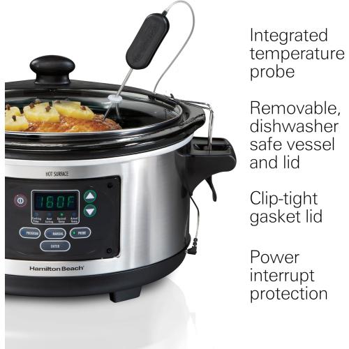 Hamilton Beach Portable 6 Quart Set & Forget Digital Programmable Slow Cooker with Lid Lock, Temperature Probe, Dishwasher Safe Crock & Lid, Stainless Steel (33969A)