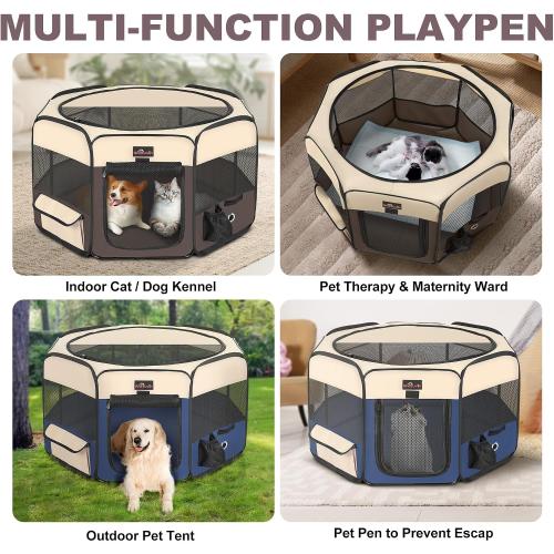 Aivituvin Dog Playpen, Foldable Pet Play Pens with Carrying Bag for Cat, Puppies, Rabbits, Portable Dog Tent Crates Cage for Travel Camping Indoor Outdoor, Removable Shade Cover, Brown L