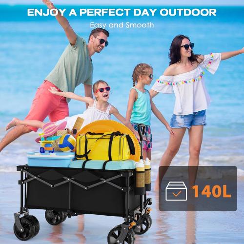 Black Collapsible Wagon Cart Heavy Duty Foldable, Folding Beach Wagon with Big Wheels for Sand, Utility Grocery Cart with Side Pocket and Brakes for Camping Sports Outdoor Activities, Black