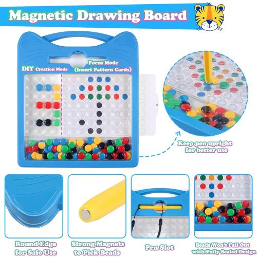 Magnetic Drawing Board for Kids, Toddler Magnet Doodle Board with Beads and 2 Pens, Magnetic Dot Art Toys, Airplane Car Travel Activities (Blue Cat)
