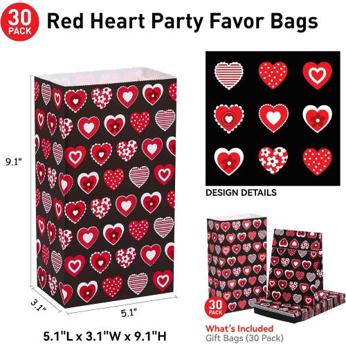SUNCOLOR 30 Pack Red Heart Party Favor Bags Goodie Bags for Kids Class Party Gift Bags/Valentines Day/Mother's day