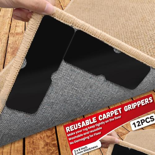 Rug Carpet Non Slip Grippers, Reusable Rug Tape Stickers Pads for Hardwood Floors and Tiles, Double Sided Carpet Grippers for Area Rugs Corners Flat, No Damaging for Floor Removable, 12Pcs