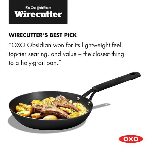 OXO Obsidian 10 Carbon Steel Frying Pan, Pre-Seasoned Skillet, Builds Natural Nonstick with Use, Induction Ready, Oven Safe, Removable Silicone Handle