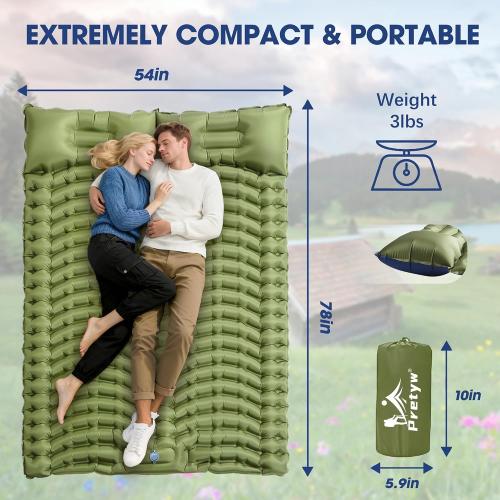 Double Camping Sleeping pad with Pillow & Built-in Foot Pump | Ultralight Camping Mattress，Compact Inflatable 2-Person Portable Mat for Backpacking, Hiking, Car Traveling, Beach, Tent