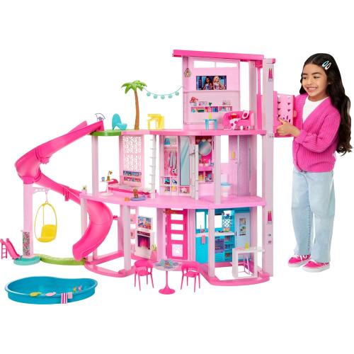 Barbie Dreamhouse, Pool Party Doll House with 75  Pieces and 3-Story Slide, House Playset, Pet Elevator and Puppy Play Areas