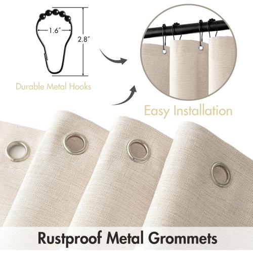 MIULEE Stall Linen Shower Curtain with 6 Metal Hooks Small Heavy Duty Washable Beige Fabric Shower Curtain Set Waterproof Narrow Neutral Thick Cloth Shower Curtains for Bathroom Hotel, W36*L72, Cream