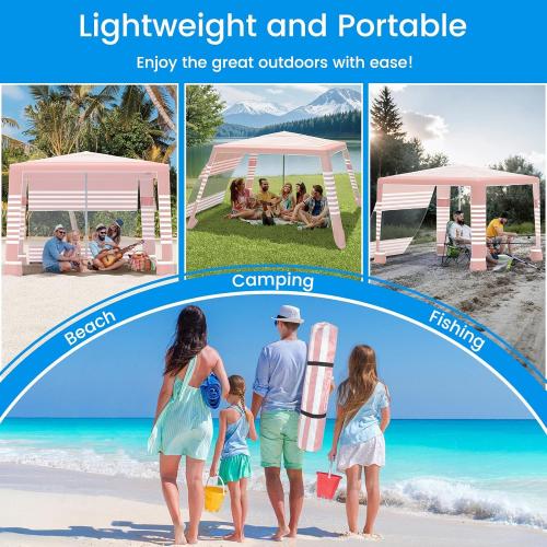 MoKo Beach Cabana, 8'×8' Large Beach Canopy with Side Wall, UPF 50  Protection Easy Setup Beach Tent Sun Shelter, Adjustable Height Wind Resistant Cabana Beach Tent for Whole Family, Pink Stripe
