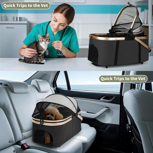 Double Pet Stroller for Dogs and Cats: Dog Stroller Foldable Travel Carriage with Detachable Carriers, Safety Belts, and 4 Lockable Wheels for Small to Medium Pets – Ideal for Multi-Pet Homes (Black)