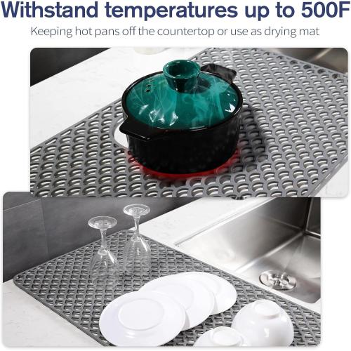 Silicone Sink Protector - 28x15 Rear Drain Hole, Heat Resistant Non-slip Dishwasher Suitable, Large Sink Mat for Farmhouse Kitchen