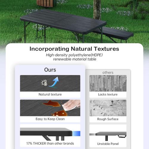 VSOAEIL Folding Table 4 Foot for Indoor Outdoor, Portable Heavy Duty Fold-in-Half Utility Small Plastic Adjustable Height Folding with Carrying Handle for Picnic Camping and Party, Matte Black