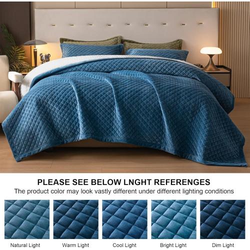 Queen Size Velvet 3-Piece Quilt Set - Ultra Soft Bedding with 2 Pillow Shams, Lightweight Reversible Coverlet Bedspread with Plaid Quilting for All Seasons, Royal Blue/White 90x96 Inches