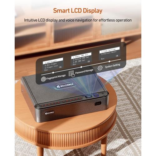 BILLCONCH Smart Gun Safe with Security Cable - Biometric Pistol Safe for Handgun 4 Ways Quick Access with Fingerprint/Keypad/Key/APP Lock, for Nightstand Bedside Home Car with LCD and Voice Guide