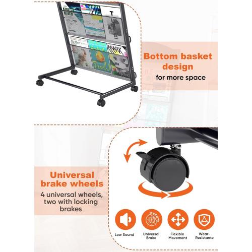 Black Baoz Magazine Rack Floor-Standing 4-Layer, Brochure Display Stand, Detachable Magazine Display with Wheels, High-hardness Metal Magazine Holder for Exhibitions, Office, Shopping Malls