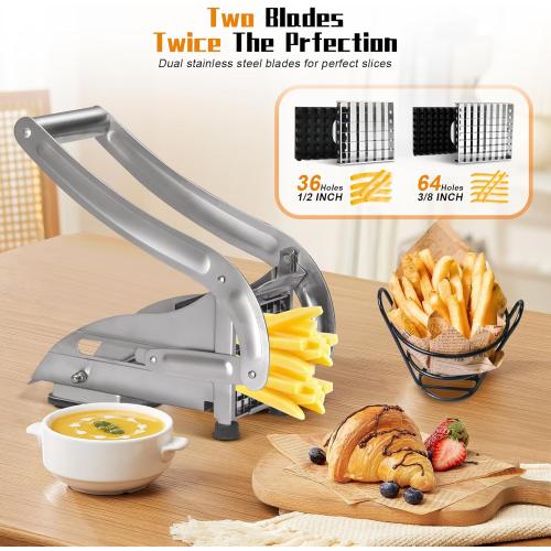 French Fry Cutter, Stainless Steel Potato Cutter, Potato Slicer, Includes 2 Blade Size Cutter Options and No-Slip Suction Base, Perfect for use with Air Fryer