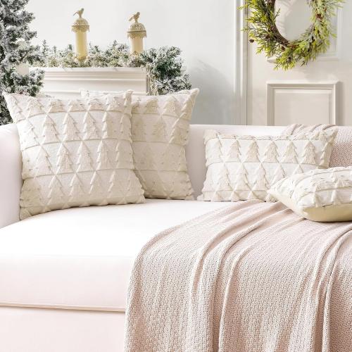 OTOSTAR Set of 2 Soft Plush Short Wool Velvet Decorative Throw Pillow Covers Square Luxury Style Cushion Case Pillow Shell for Sofa Bedroom Christmas Tree Cream Beige, 22x22 Inch
