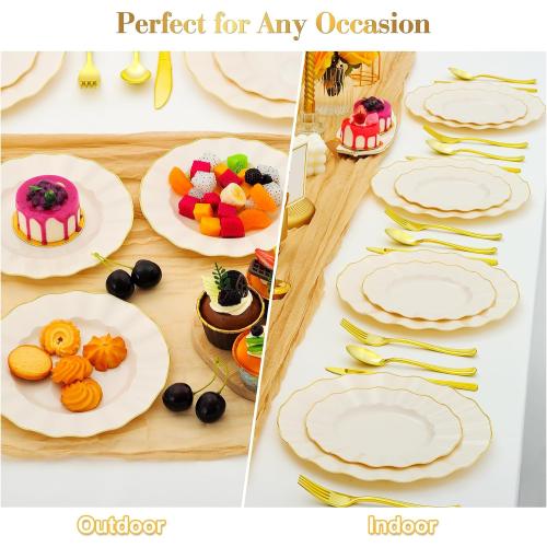 60Pcs Heavy Weight Ivory Plastic Plates with Gold Trim, Heavy Duty Wedding Plates, Elegant Disposable Plate Sets include 30 10 Dinner & 30 7 Dessert Plates for Party & Wedding(30 Guests)