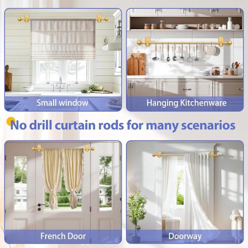 TKZTKZ Curtain Rods No Drilling with Adhesive Brackets,Adjust 36-88,Gold