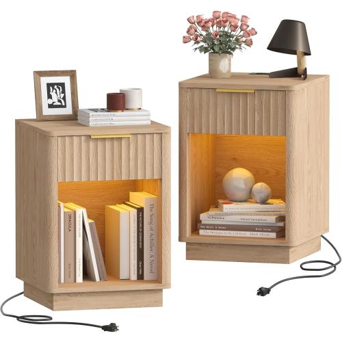 Akxomel Fluted Nightstands Set of 2, Wooden Night Stand with Charging Station and LED Light, Modern Mid Century Bed Side End Table with Drawer, 15 D x 15.7 W x 22.6 H, for Bedroom, Natural Oak