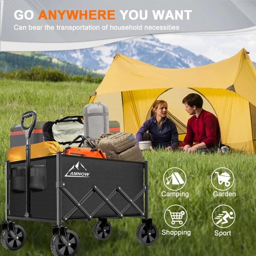 AMNOW 100L Collapsible Wagon Cart with All Terrain Wheels, 350LBS, Black | Rust-proof steel frame, 28×18×12in, only 13lbs, easy one-hand fold, garden camp beach trips