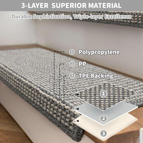 Brakki Bullnose Carpet Stair Treads, Stair Treads for Wooden Steps Indoor Runner and Pets, Non Slip Soft Edging Staircase Protectors, Washable, 29.5x9.5x1.5 7pcs, Grey and Cream