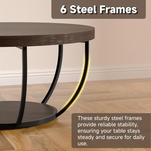 Round Coffee Table, 31 Coffee Table for Living Room Decor, 2-Tier Storage with Steel Frame, Space-Saving Wood Center Table, Modern Style Easy Assembly (Dark Coffee)