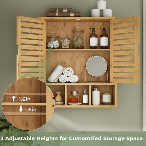 Bathroom Wall Storage Cabinet, Bamboo Medicine Cabinet with Doors and Adjustable Shelves, Bathroom Medicine Cabinet Wall Mount, Wall Mounted Over-the-Toilet Storage Cabinet