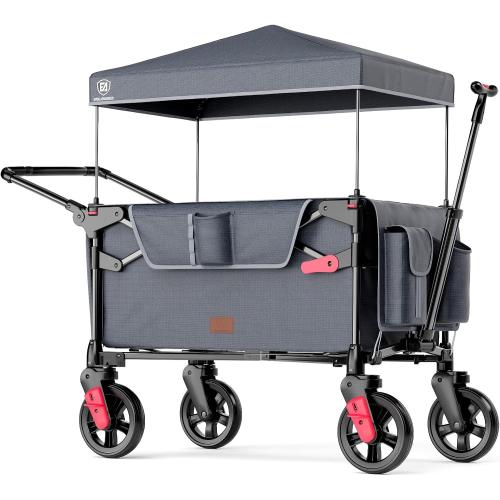 EVER ADVANCED Wagon Stroller for 2 Kids, Compact One-Step Fold Stroller Wagon with Adjustable Push/Pull Handles, Folding Wagon for Travel, Park & Beach, Includes Removable UV Canopy, Grey