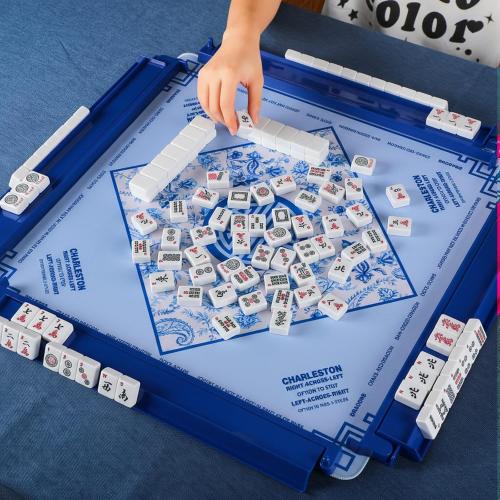 4 Pcs 18.7 Inch Dark Blue Acrylic Mahjong Tile Racks with Pushers for Game Night American Mahjong Racks Tile Set for Mah Jong Lovers and Beginners