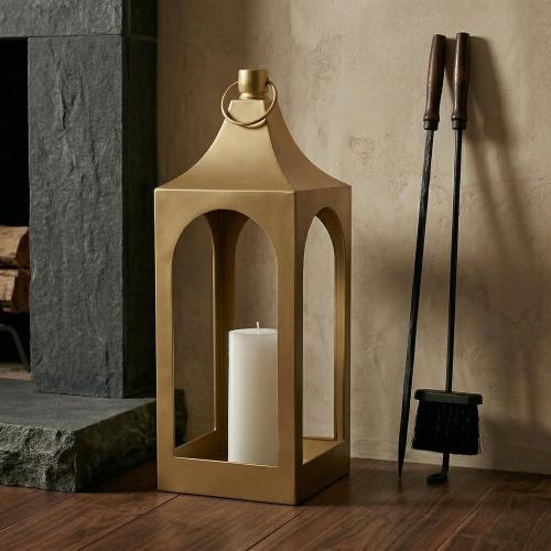 MOZEAL 20 Large Grace Spire Floor Lantern - Gold Heavy Metal No Glass - in/Out Use, for Fireplace/Patio/Entryway/Porch - Vers Event/Home - Lux Holiday Holder for Pillar/LED Lights