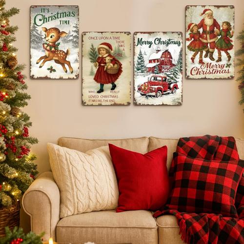 4 Pcs Vintage Christmas Wall Sign Metal Red Truck Little Girl Plaque Sign Decorations Santa Claus Elk Wall Art for Home Coffee Shop Retro Christmas Decor, 8 x 12 Inch