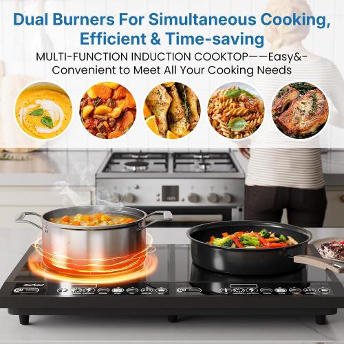 Commercial Double Burner Electric Induction Cooktop, 1000W 800W Dual Induction Hot Plate, 8 Power & 8 Temp Setting, Professional Countertop Burner Stove with Timer, LED Screen, Black